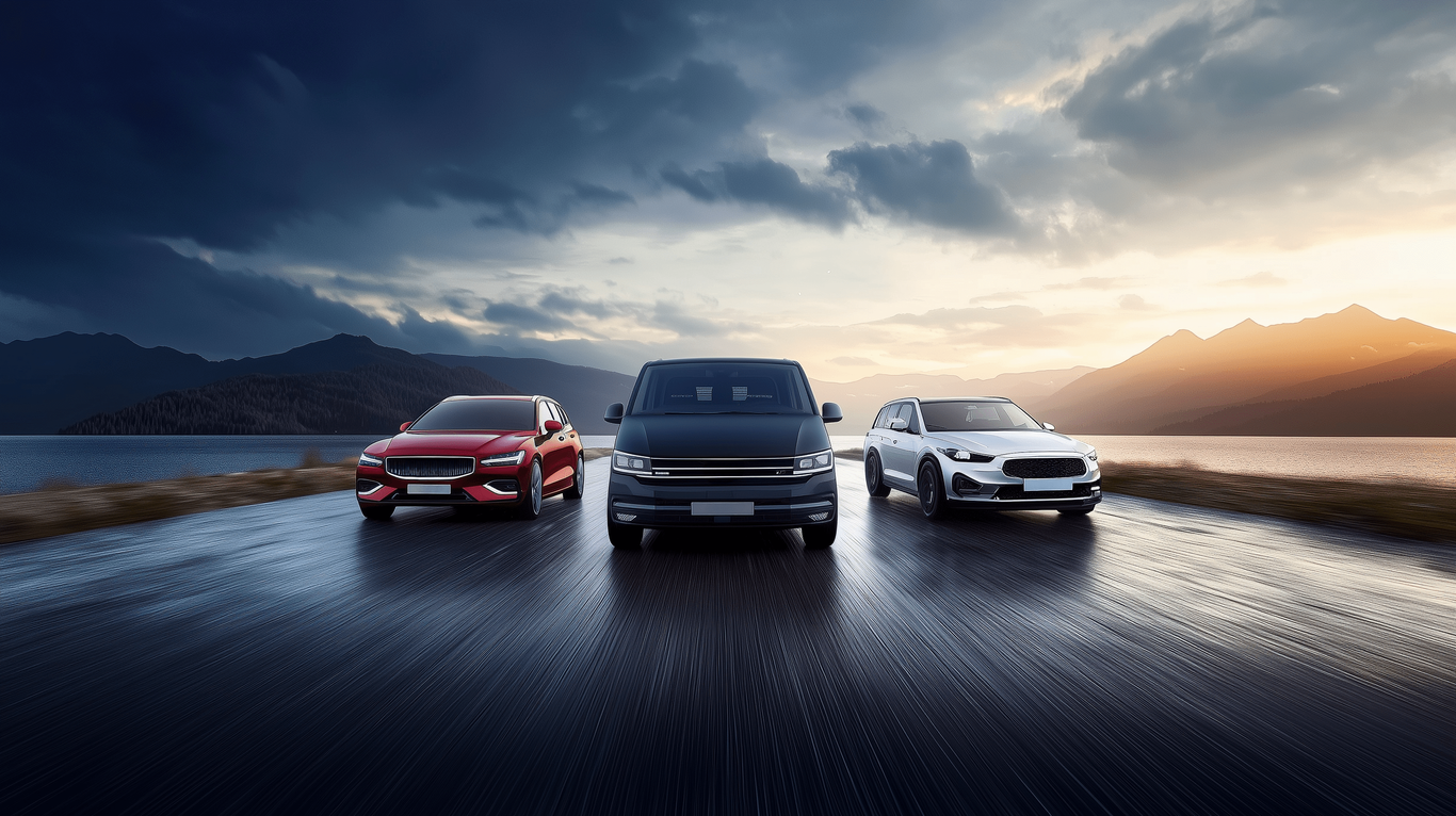 Tre bilar – en röd sedan, en svart skåpbil och en vit SUV – kör sida vid sida på en våt väg nära en sjö i solnedgången.